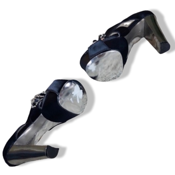 Woman's Black Satin Heels, Rhinestone's Chunky Heels,Halston Party Mirrored Heel - Picture 5 of 6